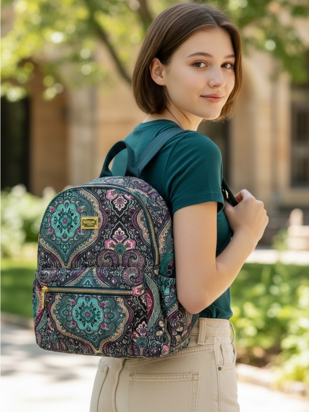 BRAND NEW Women's Paisley Print Backpack in Teal, Pink & Black - Gold Hardware